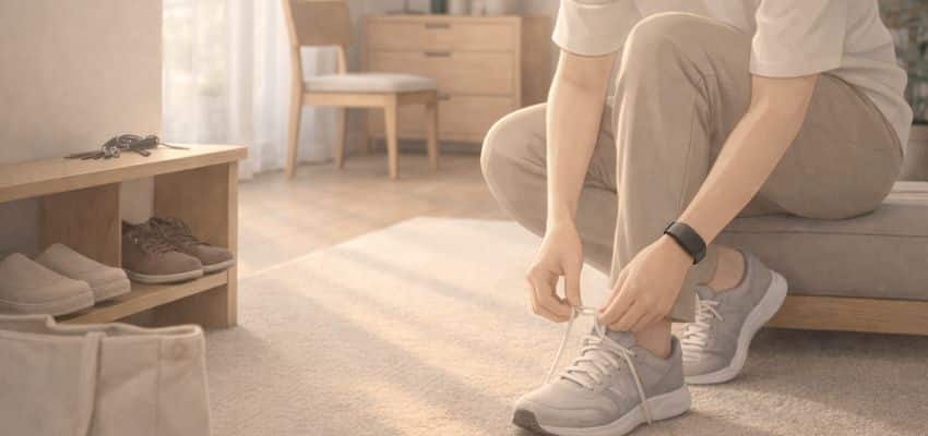 A busy person preparing for a short run at home, representing a simple running routine that fits into everyday life.