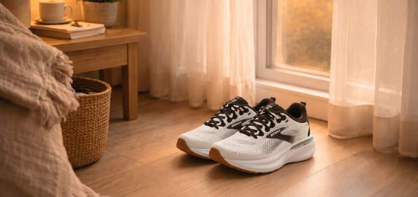 White Brooks running shoes with black laces placed on a warm wooden floor near a sunlit window in a cozy room.