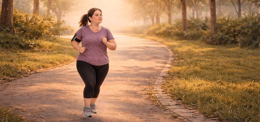 Beginner running slowly in a park to lose weight and belly fat