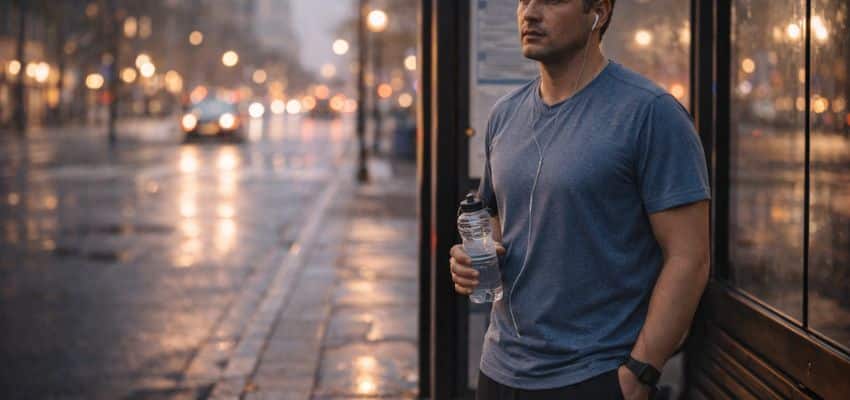 A beginner runner standing at a bus stop after a short run, looking tired but calm in soft evening light.