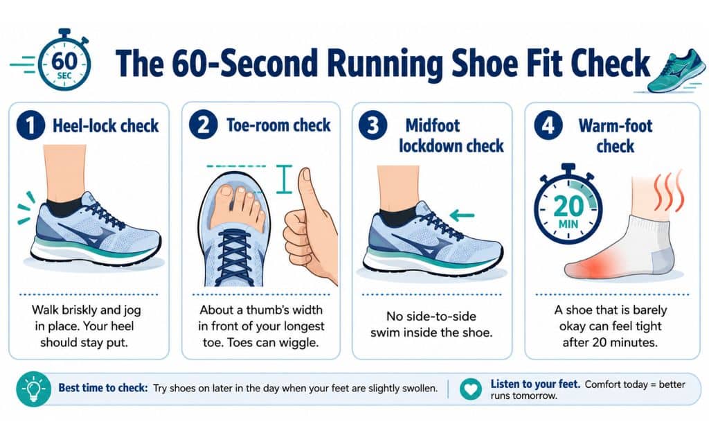 60-second running shoe fit check showing heel lock, thumb-width toe room, midfoot lockdown, and warm-foot comfort for runners with knee pain.