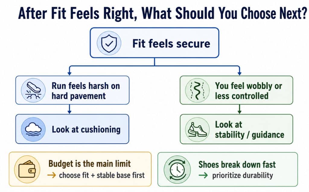 Flowchart showing how to choose cushioning, stability, budget, or durability after running shoes fit securely.