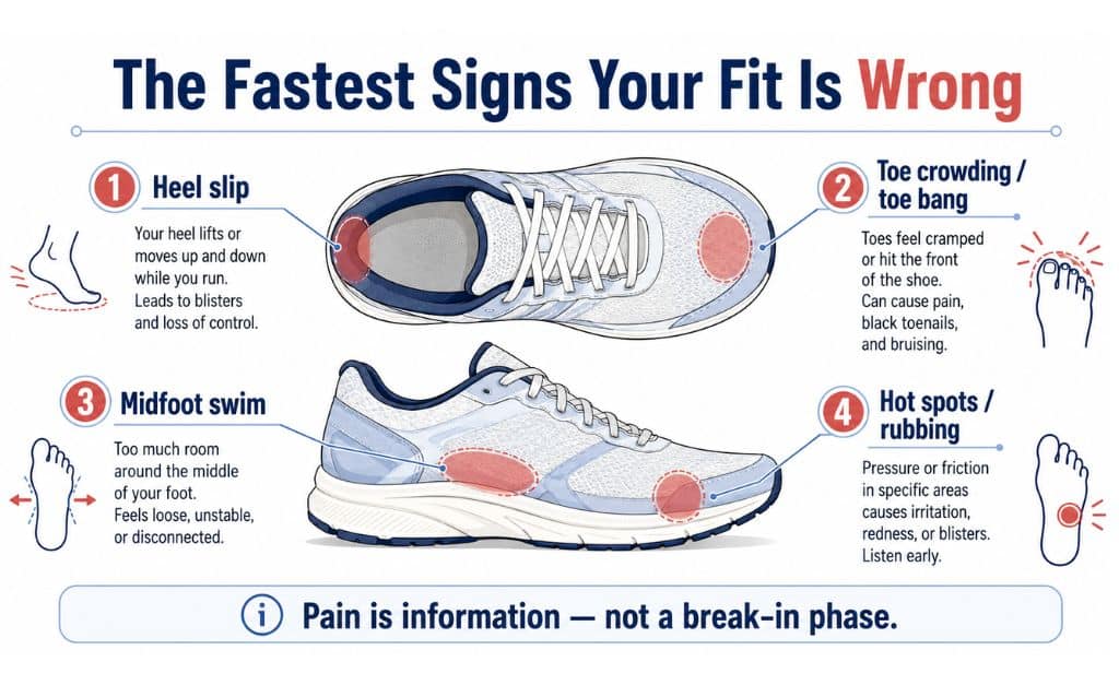 Fastest signs your running shoes fit wrong, showing heel slip, toe crowding, midfoot swim, and hot spots that can affect comfort while running.