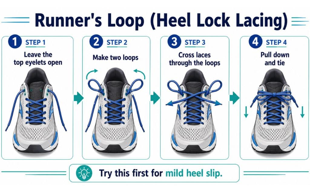 Runner’s loop heel lock lacing steps for mild heel slip in running shoes.