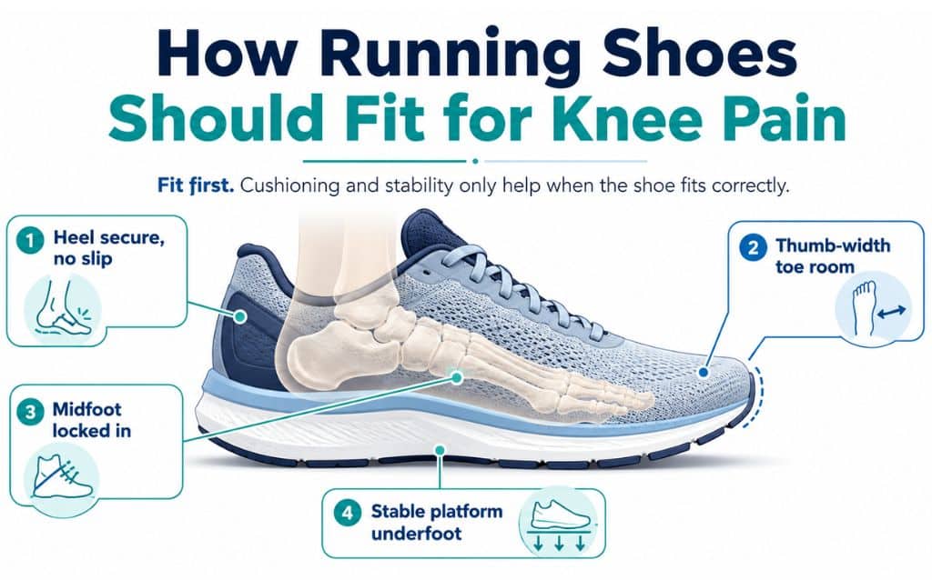 How running shoes should fit for knee pain, showing heel security, thumb-width toe room, midfoot lockdown, and stable underfoot support.