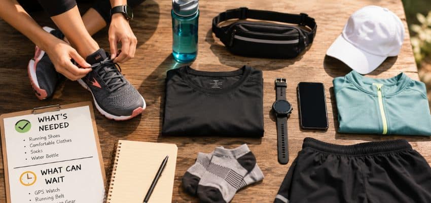 Running Gear for Beginners: What’s Needed and What Can Wait featuring a beginner tying running shoes beside essential gear including a water bottle, running clothes, socks, cap, smartphone, and other accessories on a wooden outdoor table.