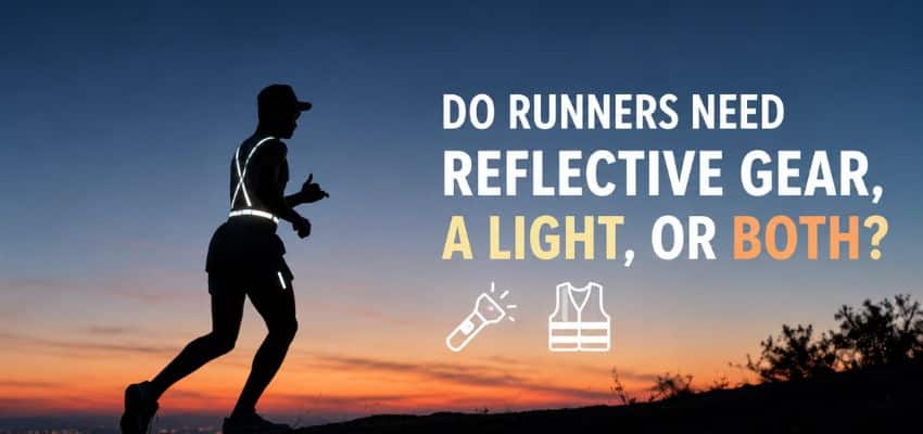 Do Runners Need Reflective Gear, a Light, or Both? featuring a runner wearing reflective gear while running at dusk with a dramatic sunset and city lights in the background.