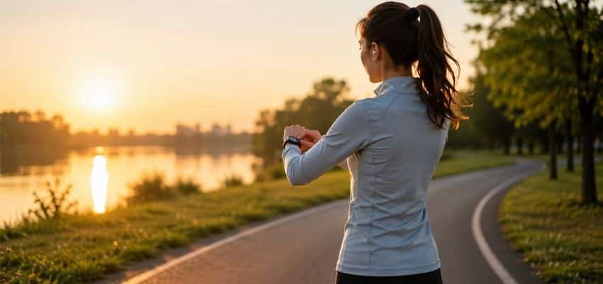 Woman checking her fitness watch before a regular run at sunset on a peaceful riverside path, representing how to find a regular running time that actually sticks.