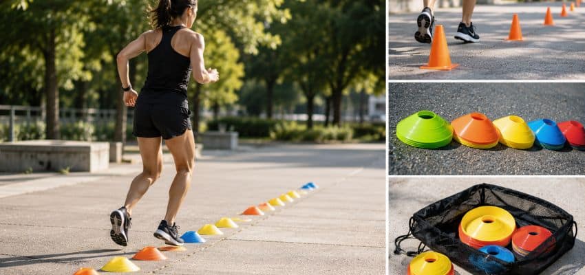 Best Running Drill Cones for Small Practice Spaces featuring a runner practicing agility drills with colorful training cones arranged in a compact outdoor area, alongside close-up views of lightweight cones and a portable storage bag.