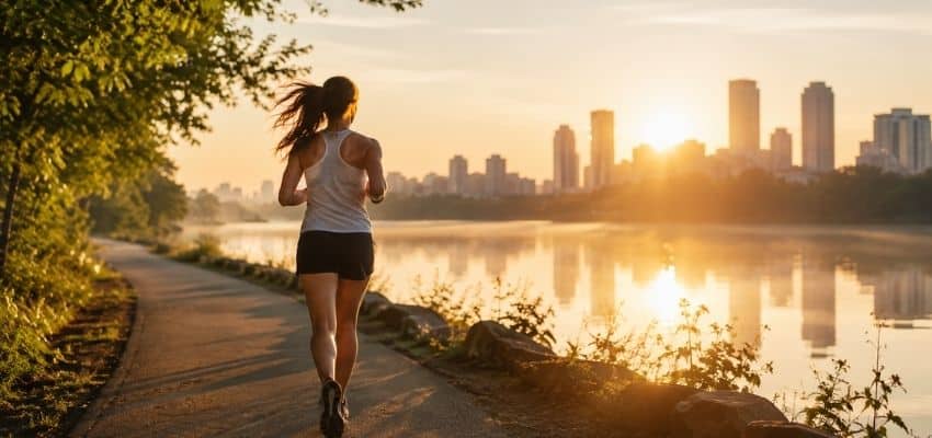 What changes when you start running regularly: runner jogging along a waterfront at sunrise