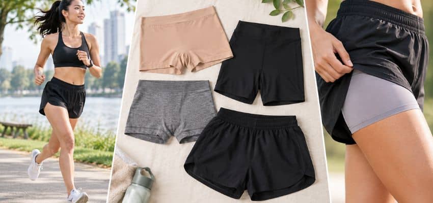 What to Wear Under Running Shorts Without Chafing, featuring a runner wearing black shorts, seamless inner shorts, compression liners, and lightweight running layers designed for comfortable, chafe-free movement.