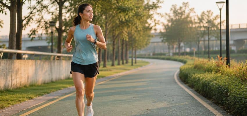 When Should Beginners Switch From Run-Walk to Continuous Running? featuring a beginner runner jogging comfortably along a tree-lined park path, illustrating the transition from run-walk intervals to continuous running.