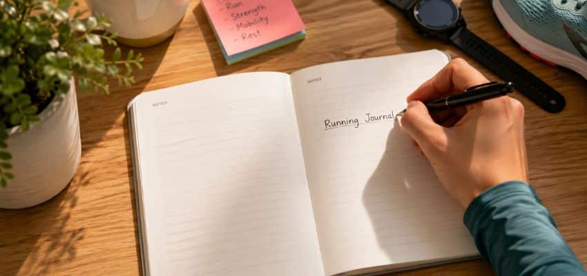 Can I Split My Run When One Session Won’t Fit? showing a hand writing “Running Journal” in an open notebook on a desk with a running shoe and fitness watch nearby.