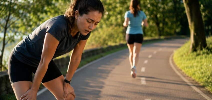 Runner taking a recovery break after struggling to finish run walk intervals on a park trail