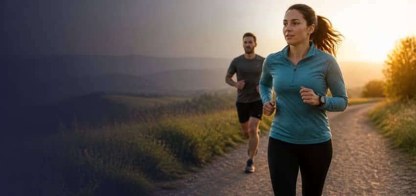 Woman and man running on a scenic trail at sunrise, illustrating how fast increase running mileage