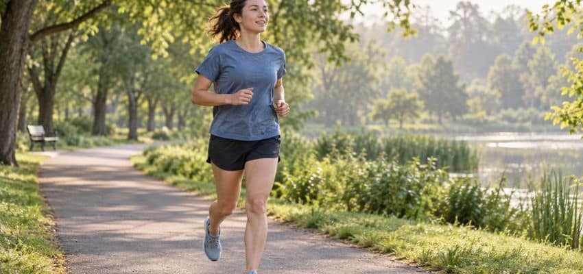 Woman jogging comfortably in a green park while practicing how to breathe while running naturally