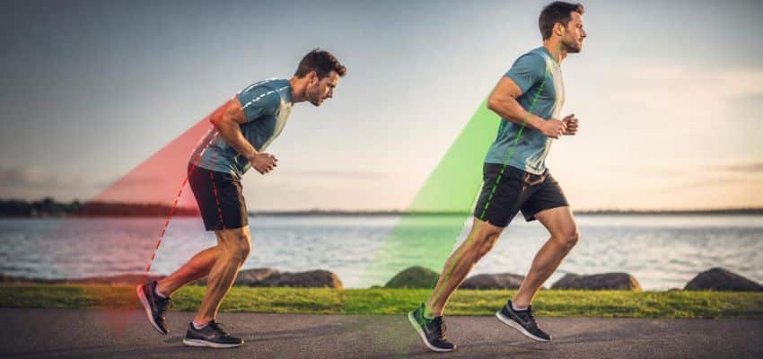 Leaning forward while running comparison showing bending at the waist versus a balanced whole-body lean from the ankles.