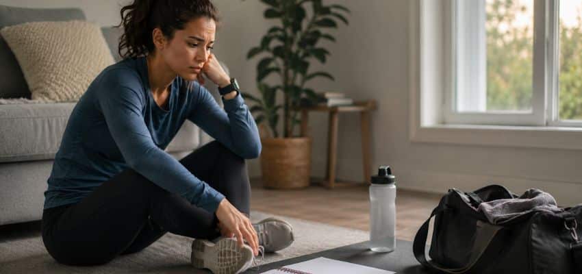 Woman sitting thoughtfully beside running gear after a missed workout on your running plan