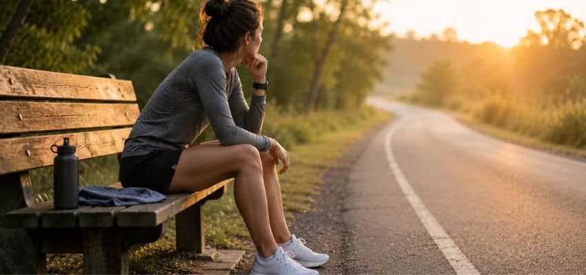 Runner taking a thoughtful break on a park bench while deciding whether to repeat a week in my running plan