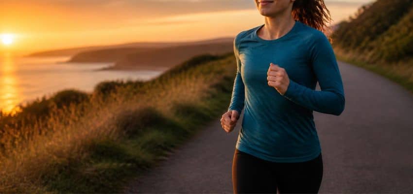 Woman running at sunset while learning how to restart running after two weeks off