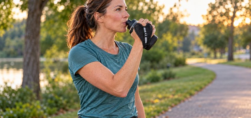 Woman sipping from a Nathan handheld water bottle during an evening run, illustrating water vs electrolytes for running.