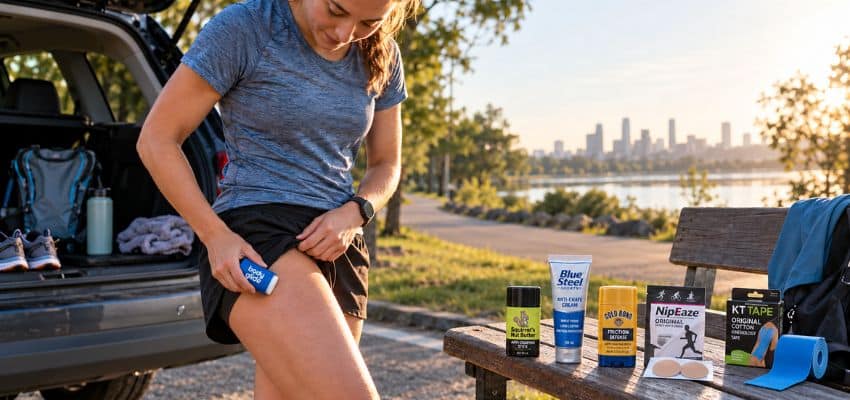 Runner applying balm before a long run with six anti-chafing products for runners arranged on a nearby park bench.