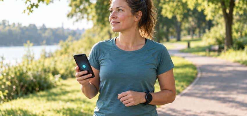 Female beginner runner holding a phone with a running metronome app and wearing a smartwatch on a park path.