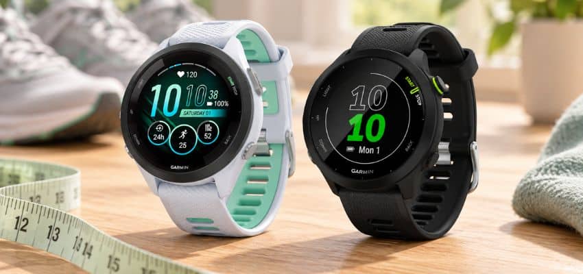 Best running watches for small wrists with two Garmin watches beside a measuring tape and running shoes.