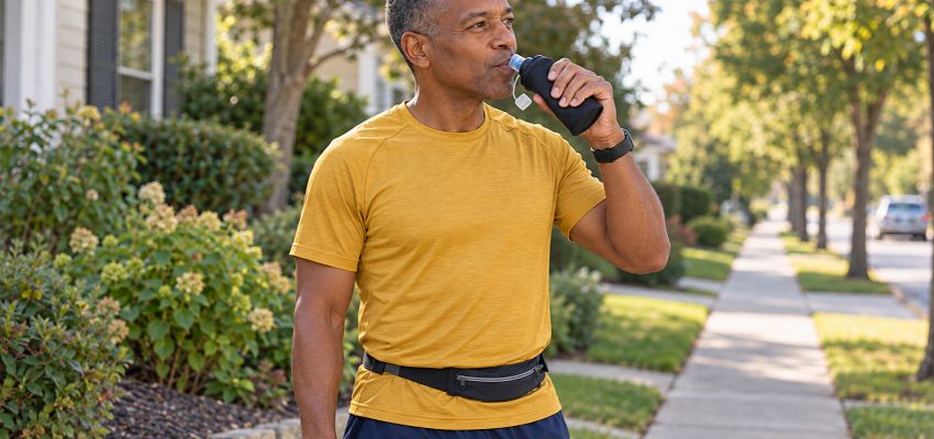Runner standing on a neighborhood sidewalk, drinking from a soft flask during a 30-minute run.