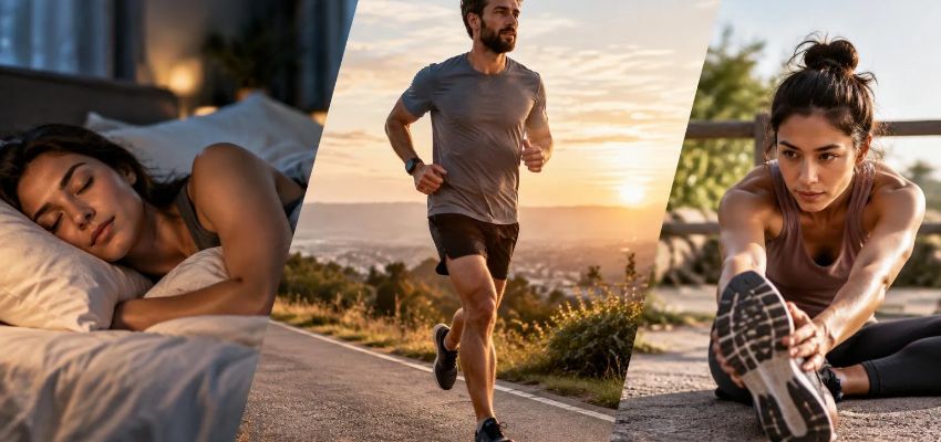 Sleep and running recovery collage showing a woman sleeping, a man running outdoors, and a woman stretching her leg.