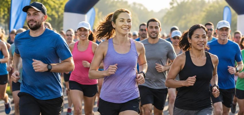 Runners moving together at a community race, illustrating first 5K start etiquette in a crowded starting area.