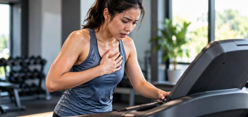 Woman holding her chest and leaning on a treadmill console after noticing her heart rate is too high during a workout.