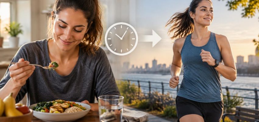 Woman sitting down to eat before a run, considering how long after eating she can run comfortably.