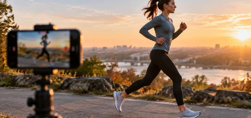 Woman running past a smartphone on a tripod, showing how to film your running form from the side without a coach.