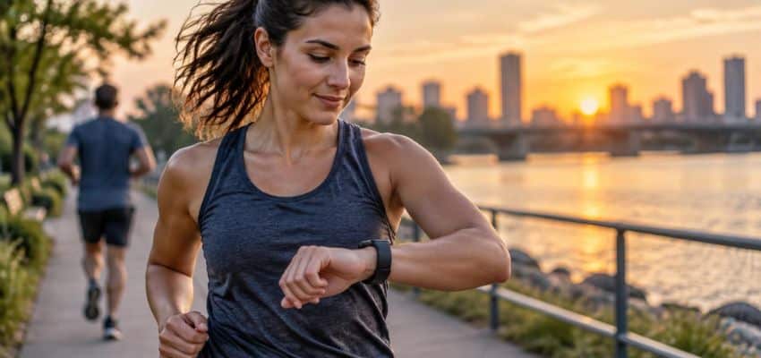 Woman running beside a river while checking her GPS watch to read running pace