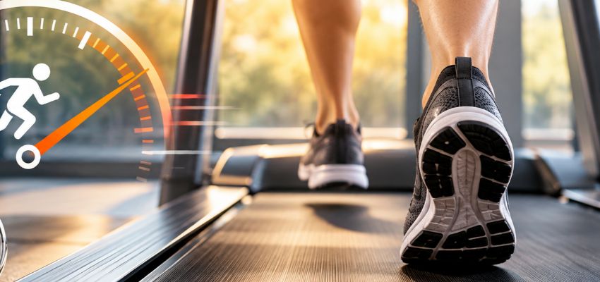 Runner's feet on a treadmill with a speedometer and stopwatch illustrating how to read a treadmill pace chart in MPH