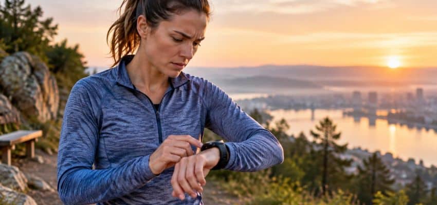 Woman checking her running watch GPS taking forever to connect before starting a run