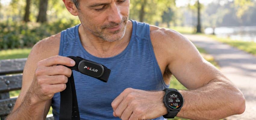 Runner checking a Garmin watch fit while holding a Polar H10 chest strap to investigate inaccurate running watch heart-rate readings.
