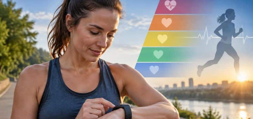 Woman setting heart rate zones on her running watch before an outdoor run