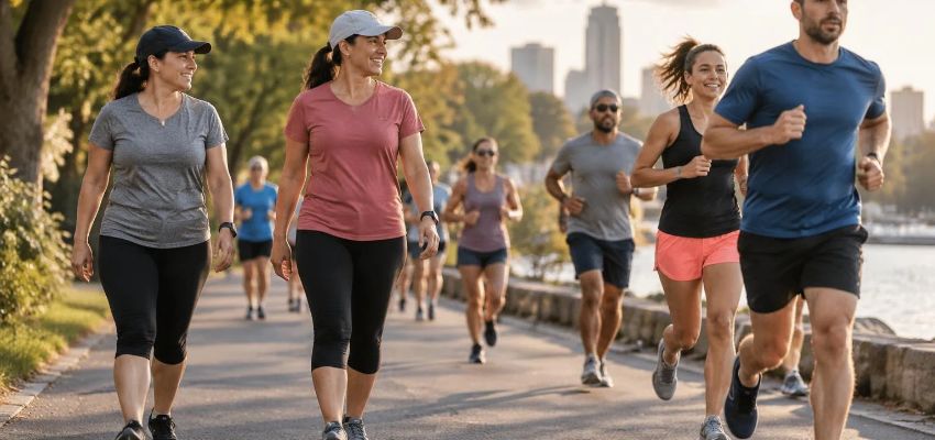 Two women walking beside passing runners on a waterfront path, illustrating how to walk during a 5K without blocking runners.