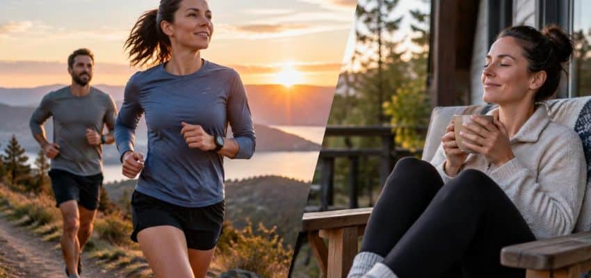 Why rest days matter for runners: runners enjoying an active morning and relaxing with a warm drink during recovery.