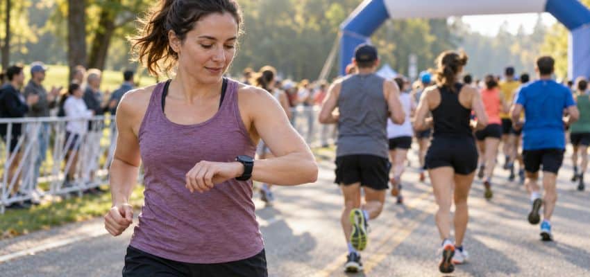 A first-time runner checking her GPS watch while starting her first 5K slower than the crowd